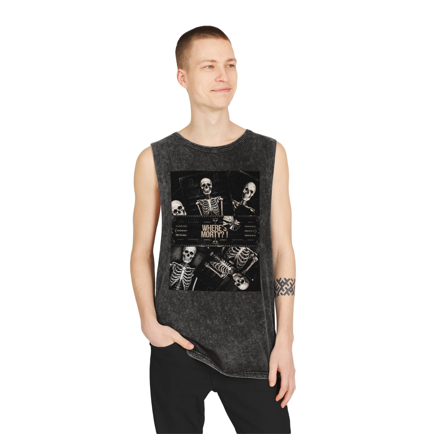 Unhinged Emporium "Where's Morty?" Stonewash Muscle Tee
